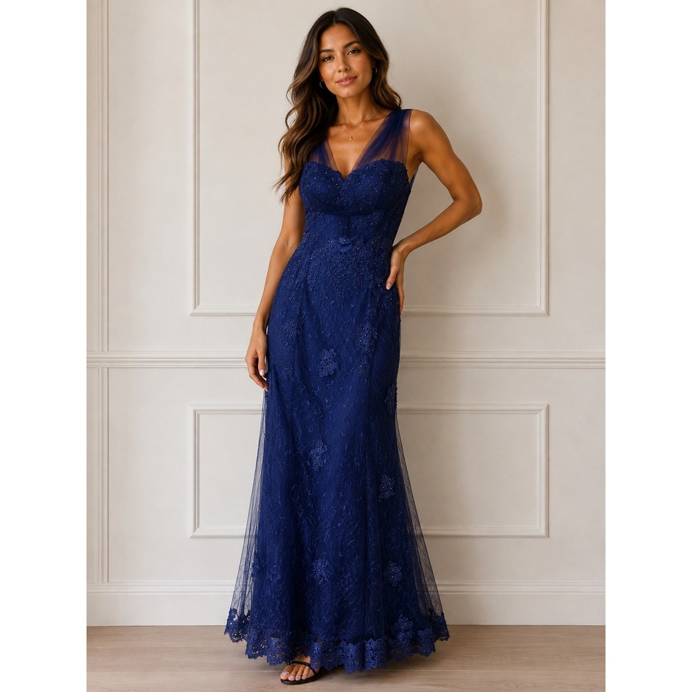 May Queen Couture Royal Blue Lace Formal Gown Corset Back Prom Dress 158 Size 12